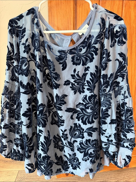 Sundance Tops - Sundance Boho Floral Burnout Velvet Top Silk Blend Bell Sleeves Blue, medium